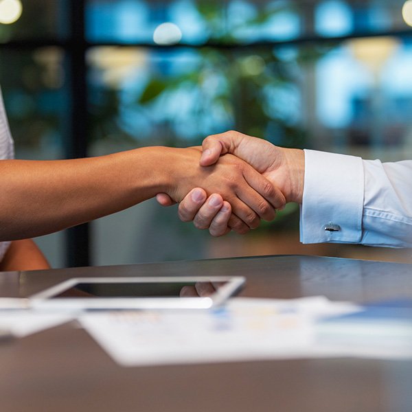 Business man and woman shaking hands in the office